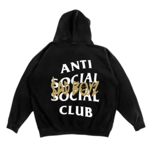 ASSC x sad boyz gold hoodie black back